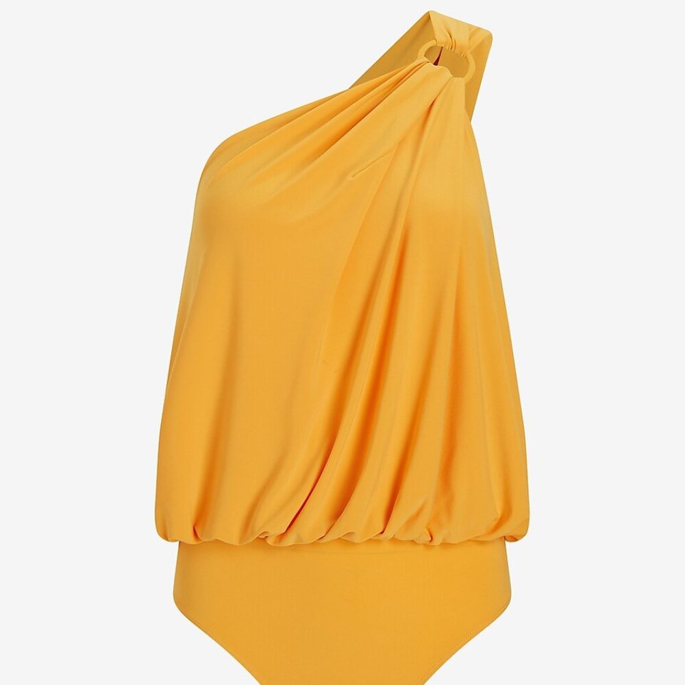 Express Skimming One Shoulder O-Ring Bodysuit Orange Yellow- L
